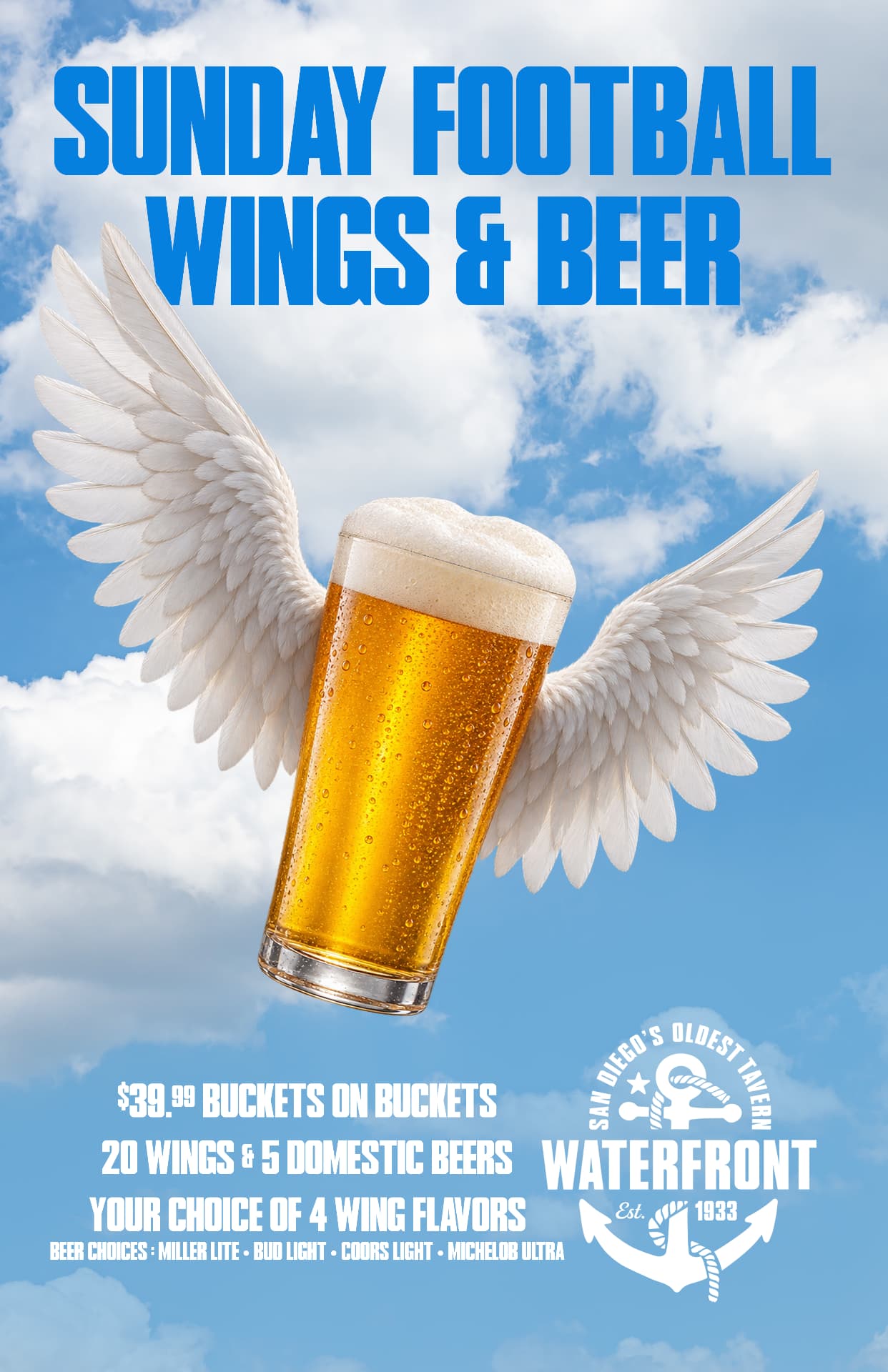 Sunday Football Wings & Beer at Waterfront Bar & Grill — $39.99 buckets on buckets, 20 wings and 5 domestic beers