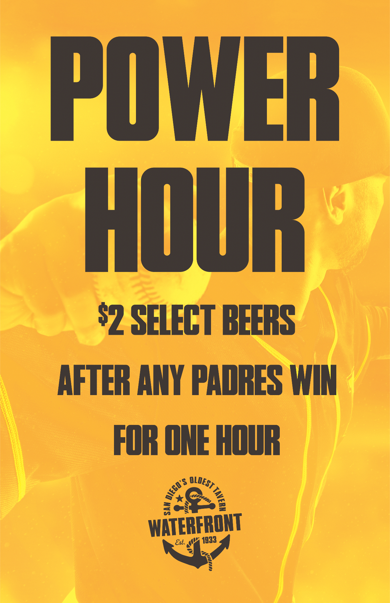 Padres Power Hour poster. $2 select beers after any Padres win, for one hour
