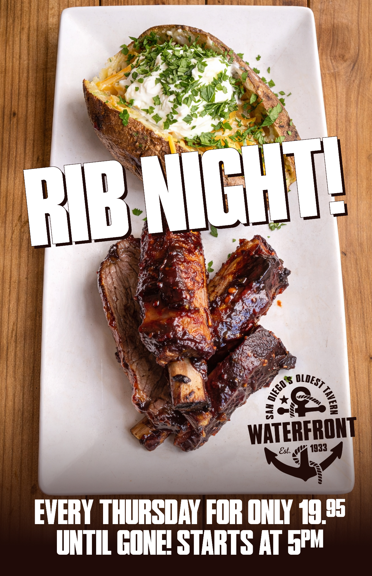 Rib Night poster. Every Thursday for $19.95, starts at 5pm, until gone